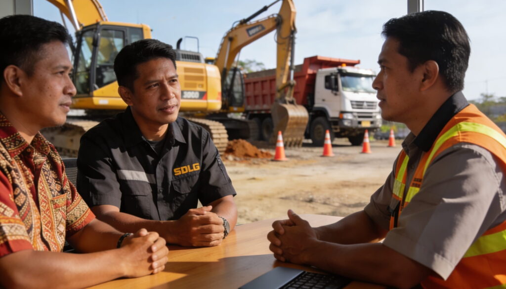 Three men in workwear discuss business at a wooden table with excavators and a dump truck in the background.
