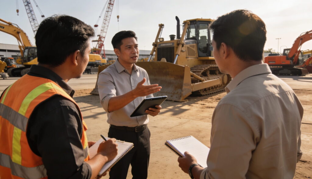 A supervisor with a tablet gestures while speaking to two workers holding notebooks at a sunny construction site.