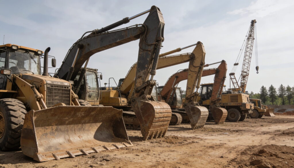 A row of heavy machinery, including a bulldozer and several excavators, parked on a dirt construction lot.